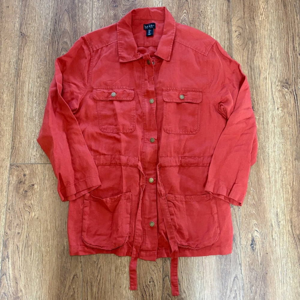 Nicole Miller Red Linen Utility Jacket Womens L Military Style‎ Full Zip
